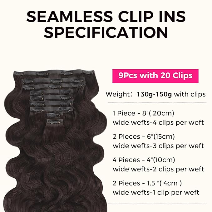 Lashey Seamless Clip in Hair Extensions Human Hair 130g 9pcs 16 Inch Body Wave #2 Dark Brown Clip in Hair Extensions for Women PU Weft Hair Extension