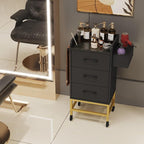 Salon Trolley Cart with Toughened Glass Top, 4 Wheels (2 Lockable) Rolling Barber Station w/Wheels, Drawers, Hair Dryer Holders, Towel Rack, Salon Storage Equipment for Hair Stylist, Black