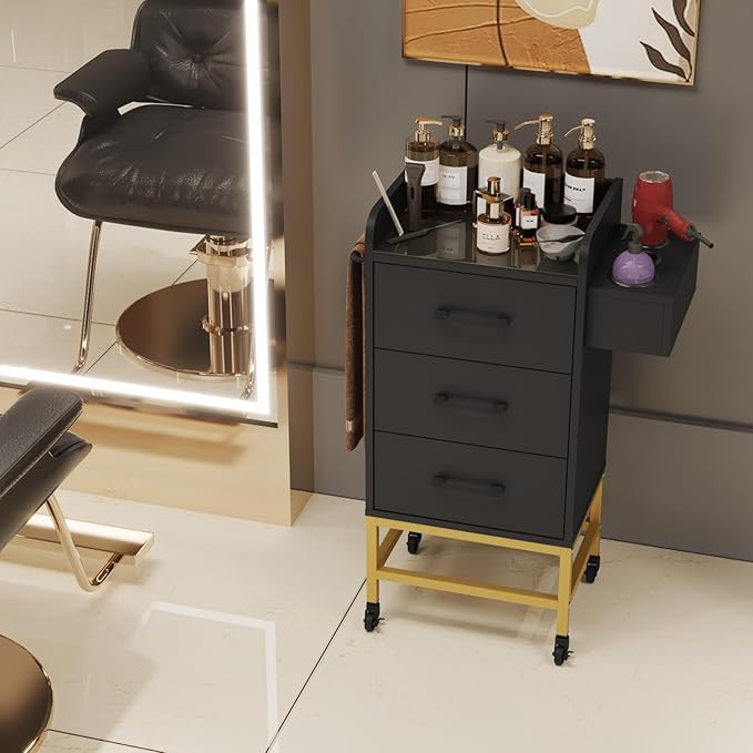 Salon Trolley Cart with Toughened Glass Top, 4 Wheels (2 Lockable) Rolling Barber Station w/Wheels, Drawers, Hair Dryer Holders, Towel Rack, Salon Storage Equipment for Hair Stylist, Black
