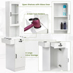 Salon Station for Hair Stylist,Hair Styling Storage Cabinet with Glass Door,Tool Dryer Holders, Salon Beauty Spa Barber Hair Staion, White