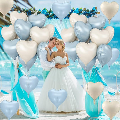 Blue White Heart Balloons, 18 Inch Baby Blue Cream Foil Heart Balloons - Image 7