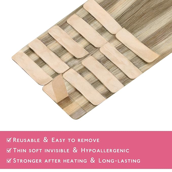 WENNALIFE Tape in Hair Extensions Human Hair Ash Brown with Platinum Blonde Highlights Tape in Extensions, 10pcs 25g 14 inch Remy Invisible Tape Ins Straight Colored Soft Refill Set