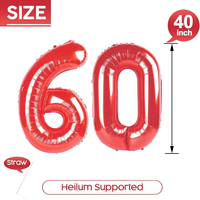60 Balloon - Red Birthday Number Balloons, 40 Inch Decorations Men Women | Red - Image 5