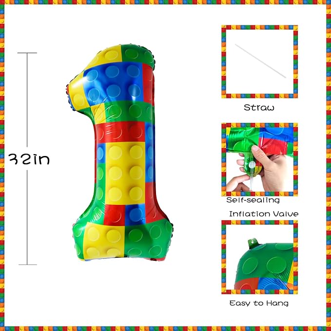 32 Inch Stackable Block Number 1 Balloon – Colorful Brick Building Themed Big - Image 2