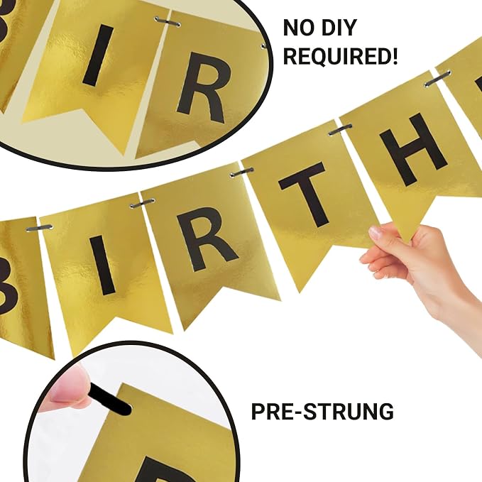 Gold Happy Birthday Banner, Pre-Strung Gold and Black Birthday Party Decorations - Image 7