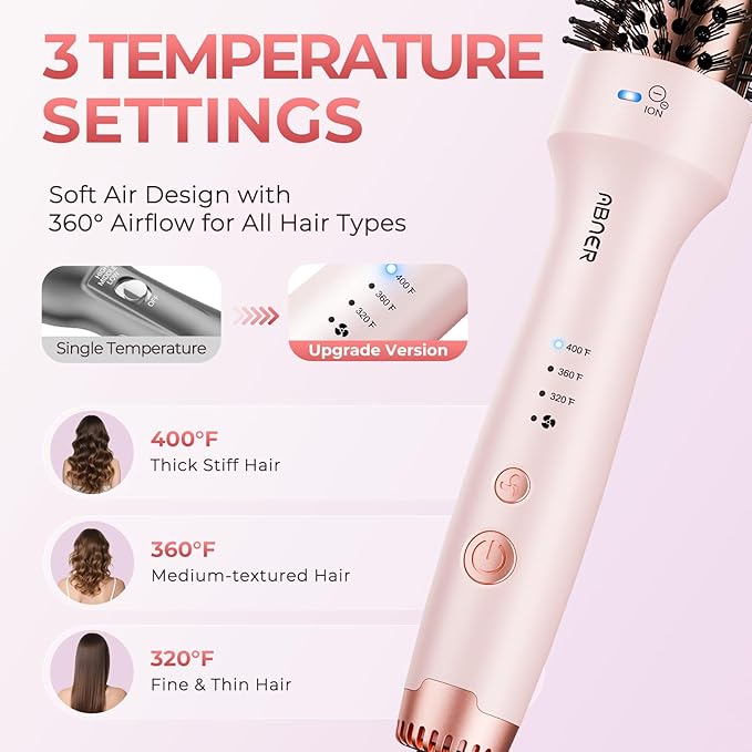ABNER Thermal Ionic Brush, 1.5 inch Heated Round Brush for Blowout Look, Volumize, Style, Makes Hair Shinier & Smoother, Dual Voltage, Negative Ion Technology, Titanium, Temperature Settings