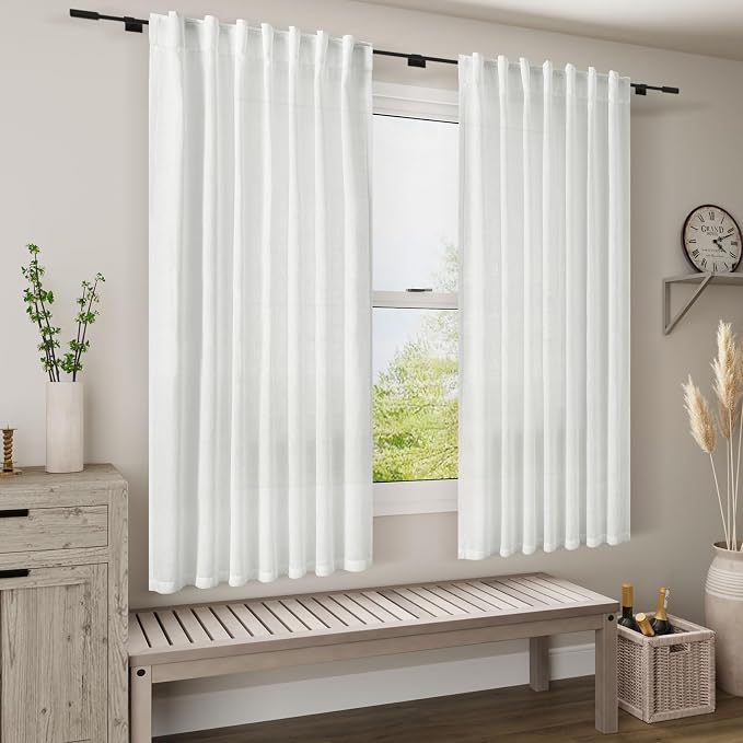 White Semi Sheer Linen Curtains 58 Inch Length - Image 7