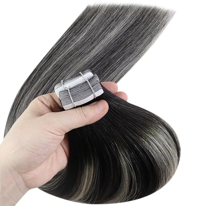 YoungSee Human Hair Tape in Extensions Ombre Black Hair Extensions Real Human Hair Tape in Invisible Tape-in Black Hair Extension for Women Easy to Put 20inch 50g 20pcs