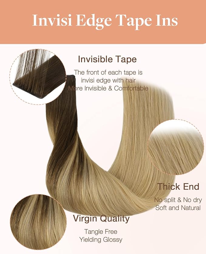 GOO GOO Invisi Edge Tape in Hair Extensions Human Hair, 4/18 Balayage Chocolate Brown Highlighted Dirty Blonde, 20pcs 16inch 50g, Virgin Remy Hair, Seamless Injected Tape, Natural Look