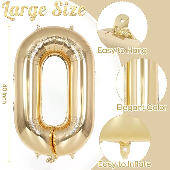 Champagne Gold Large Number 0 Balloon, 40 Inch Light Gold Foil Helium Number - Image 2