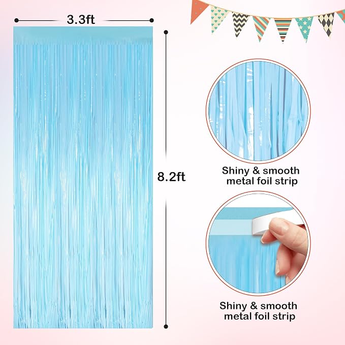 Macaron Light Blue Metallic Tinsel Foil Fringe Curtains, 2 Pack 3.3x8.3 Feet - Image 2