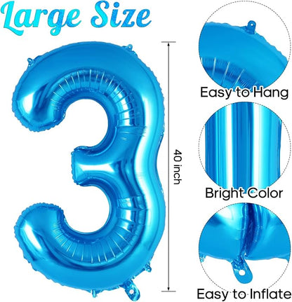 Blue Number 3 Balloon 40 Inch, Big Large Foil Helium Number Balloons, Jumbo - Image 3