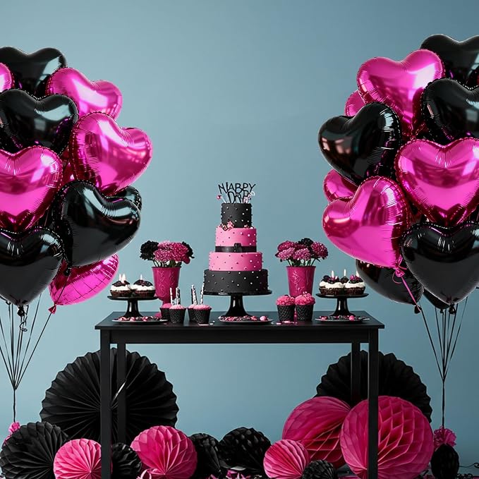 TONIFUL 30Pcs Black Hot Pink Heart Balloons 18Inch Heart Shape Foil Balloon | - Image 3