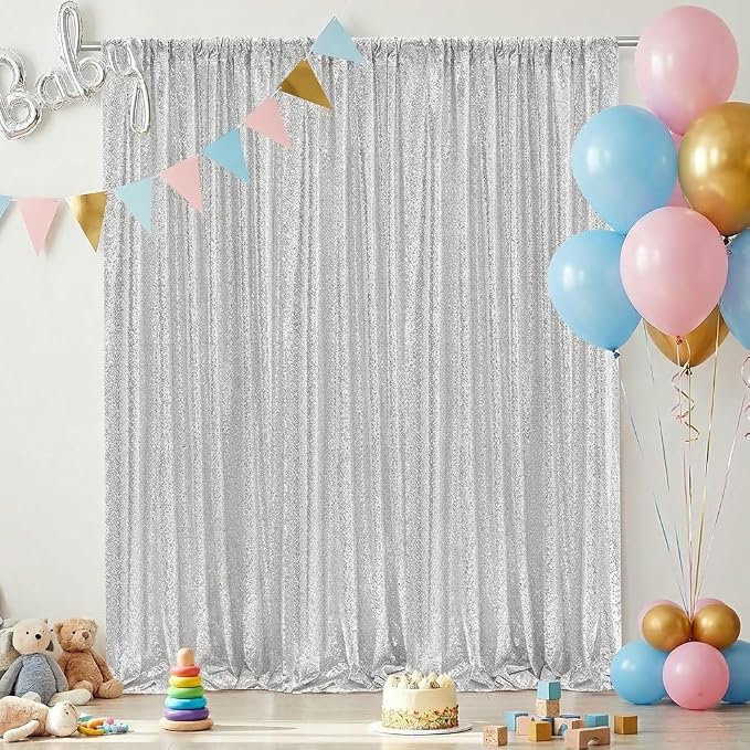 Silver Sequin Backdrop Curtains-2 Panels 3FTx8FT Silver Backdrop - Image 5