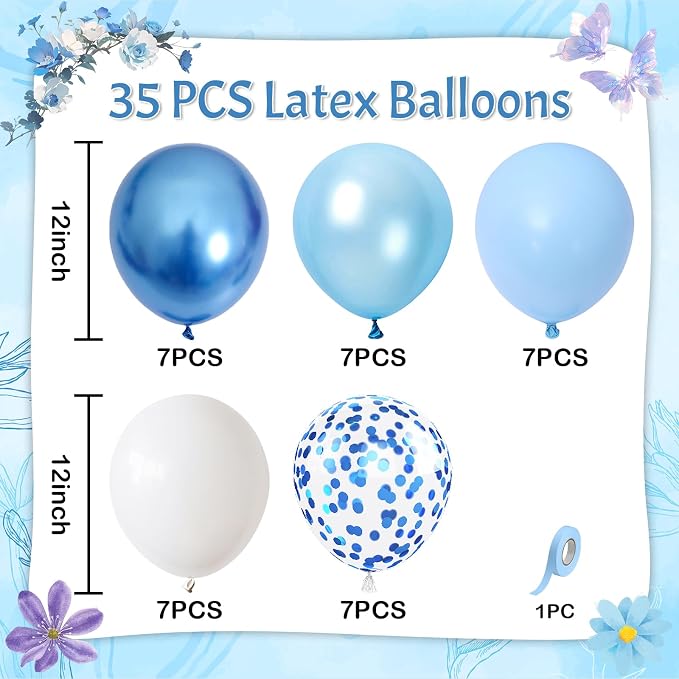 Blue and White Balloons, 12 Inch Metallic Pastel Pearl Light Baby Blue Confetti - Image 2