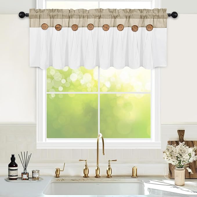 Farmhouse Valance Curtains, Boho Cotton Linen Kitchen Valance, Rustic Button - Image 2