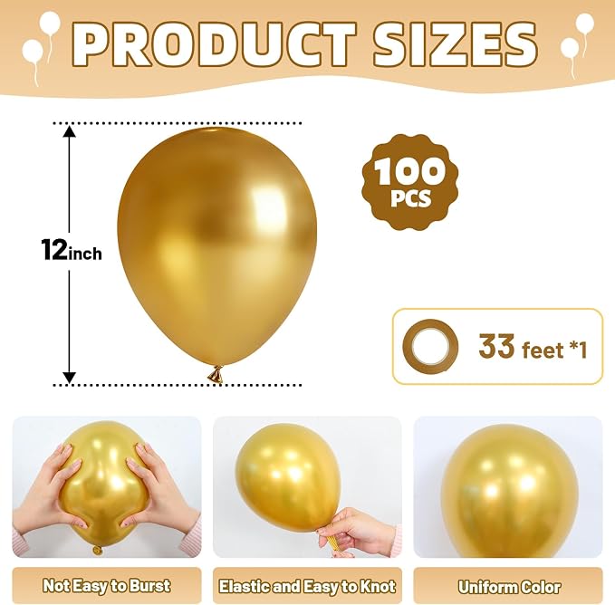 LOLStar Metallic Gold Balloons, 12 inch Latex Round Balloon | Birthday - Image 2