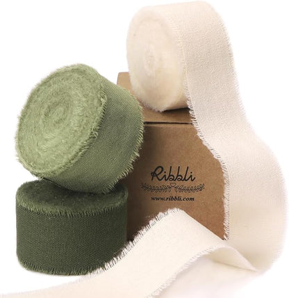 Ribbli 3 Rolls Green Ribbon 1 Inch x 18 Yards Ivory Sage Moss Handmade Cotton by Ribbli