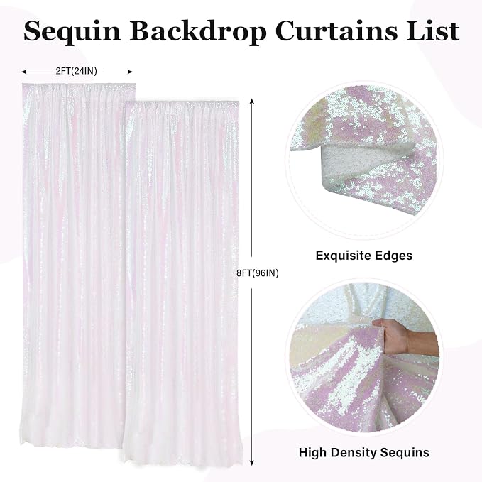 PartyDelight Iridescent White Sequin Backdrop Curtains 2x8ft 2 Panels | Color - Image 4