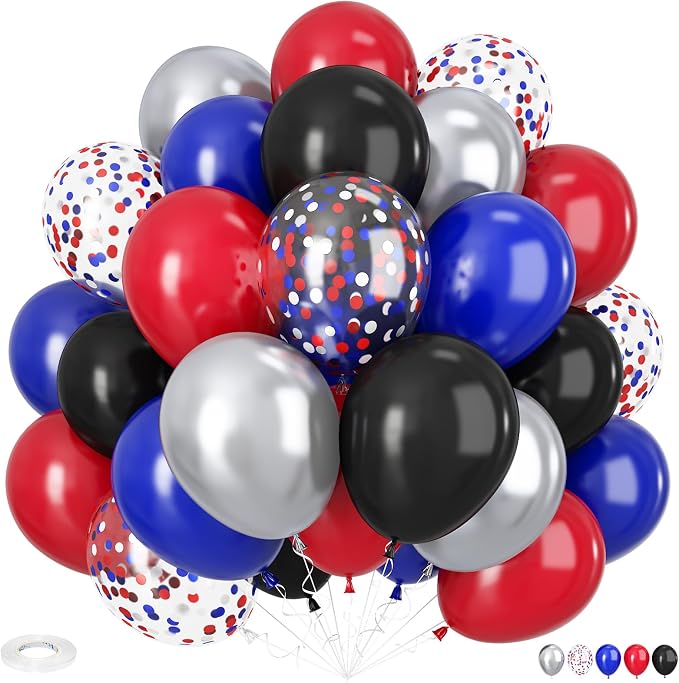 Red Blue Black Balloons, 12 Inch Red Black and Royal Blue Balloons, Metallic by Adorely