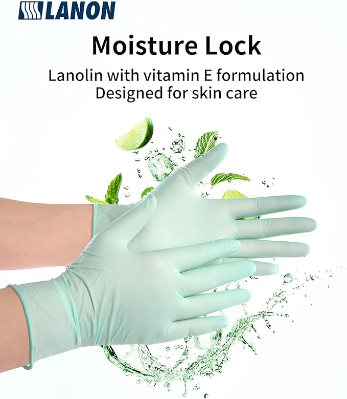 LANON 5 mil Vitamin-E Coated Latex Disposable Gloves, Food-Contact Grade, Fully Textured, Green, Large