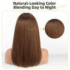 RSY 100% Human Hair Wigs for Women, Ombre Brown Shoulder Length Straight Layered Wig with Bangs, Natural Real Hair for Daily and Party Wear