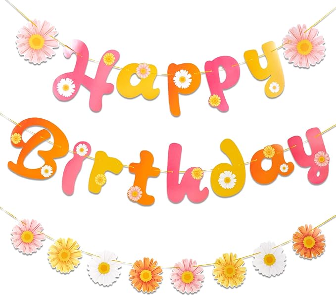 SUNBEAUTY Flower Daisy Happy Birthday Banner Groovy Party Banners Groovy Party by SUNBEAUTY