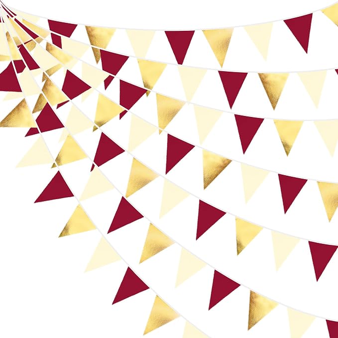 Burgundy Party Decorations Gold Maroon Beige Fabric Triangle Pennant Banner by pinkblume