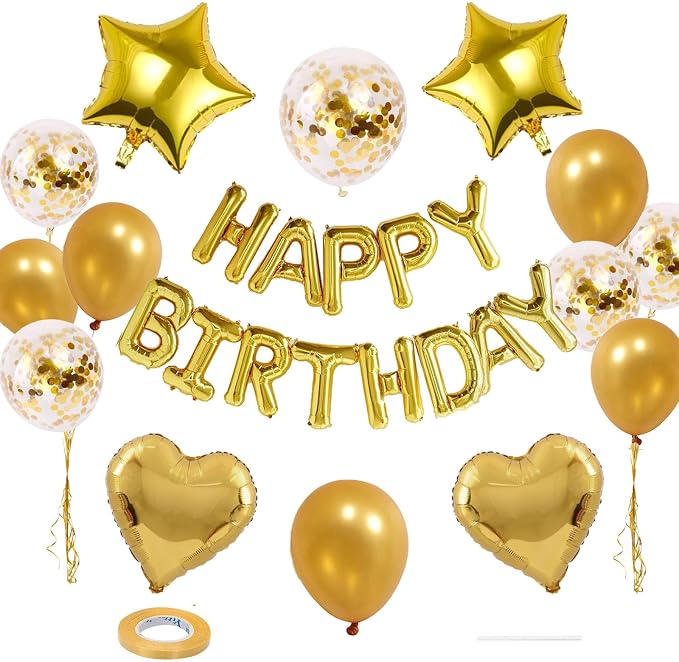 27 Pcs Gold Birthday Decorations, 3D Foil Gold Happy Birthday Balloon Banner by WEIKA