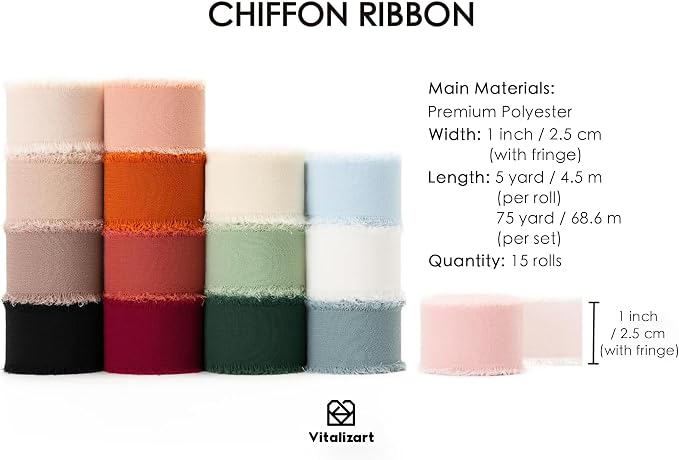 Vitalizart 1" x 75 Yd Chiffon Silk Ribbon Mixed Color Ribbons Set 15 Rolls | 5 - Image 2