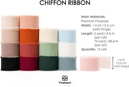 Vitalizart 1" x 75 Yd Chiffon Silk Ribbon Mixed Color Ribbons Set 15 Rolls | 5 - Image 2