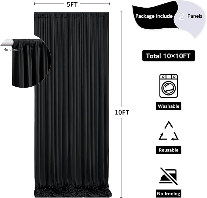 10 ft x 10 ft Wrinkle Free Black Backdrop Curtain - Image 5