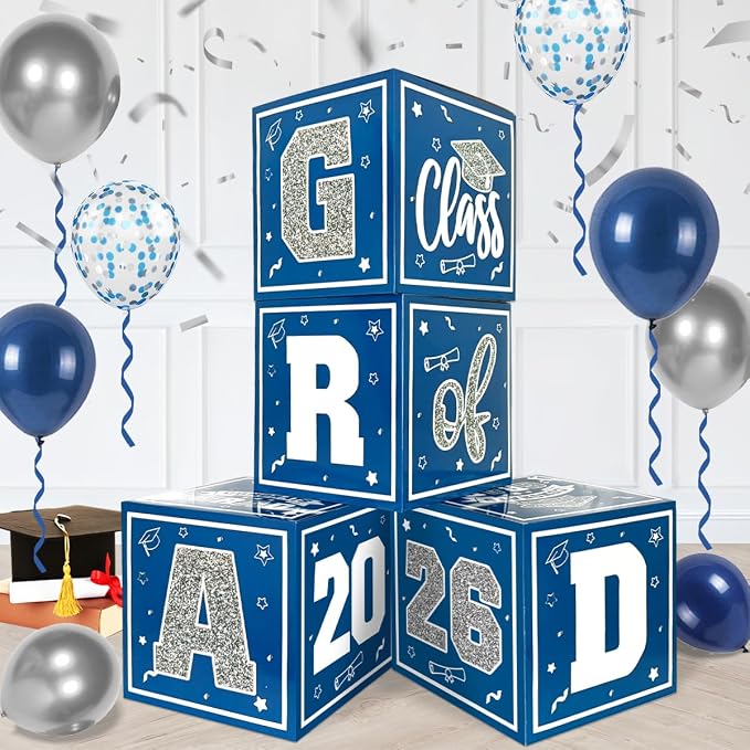 2026 Graduation Decorations Blue and Silver Balloon Boxes Class of 2026 Decor - Image 3