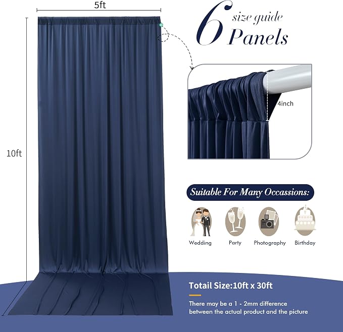 30 ft x 10 ft Wrinkle Free Navy Blue Backdrop Curtain - Image 5