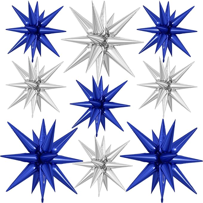 9Pcs Blue Silver Star Balloons, Large Navy Blue and Silver Explosion Foil by Dagelar
