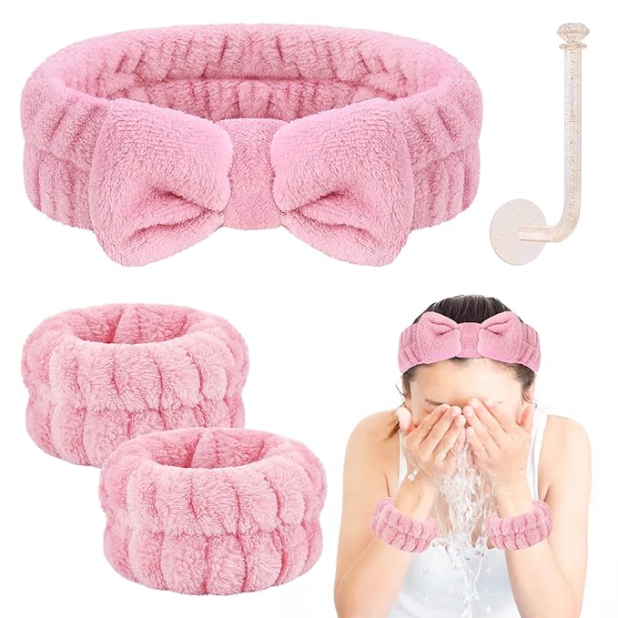 Face Wash Headband Set with Microfiber Wristbands and Holder - Absorbent Spa Wrist Scrunchies for Cleansing