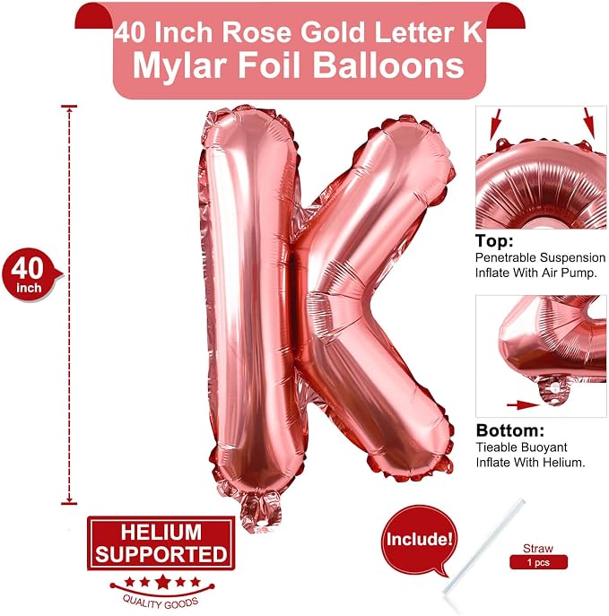 Lovoir 40 Inch Large Rose Gold Letter K Balloons Big Size Jumbo Mylar Foil - Image 2