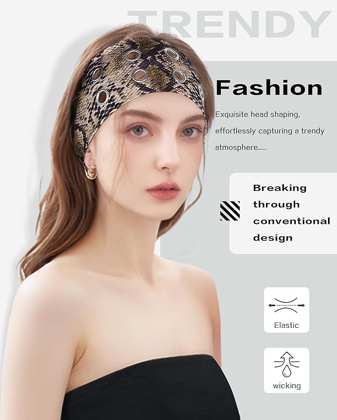 Grommet Headband for Women, Brown Snakeskin 23cm Hollow Out Elastic Hair Band, Eyelets Punk Grunge Stylish Hairband