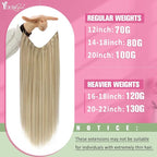 YoungSee 100G Hair Extensions Wire Highlight Invisible Wire Hair Extensions Real Human Hair Golden Blonde Highlighted Light Blonde Human Hair Fish Line Extensions for Natural Look 20In