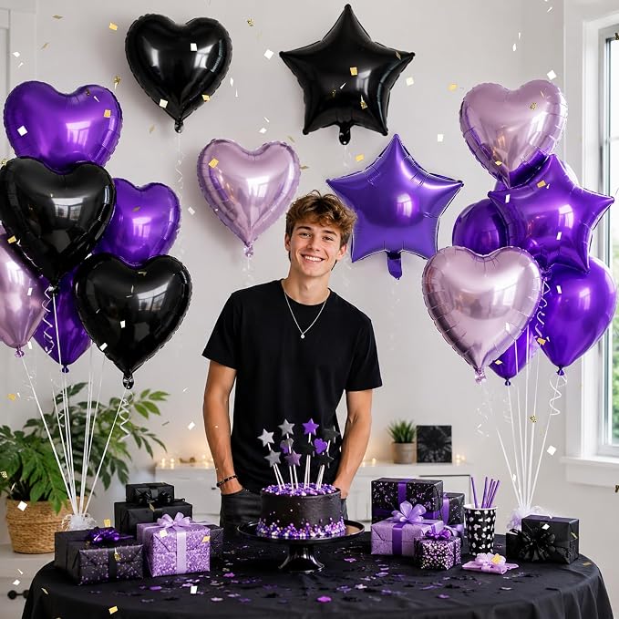 TONIFUL 18 Inch Black Purple Star and Heart Foil Balloons 18PCS Black Purple - Image 6