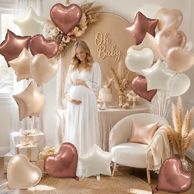 TONIFUL 18 Inch Cream Brown Star and Heart Foil Balloons - Image 5