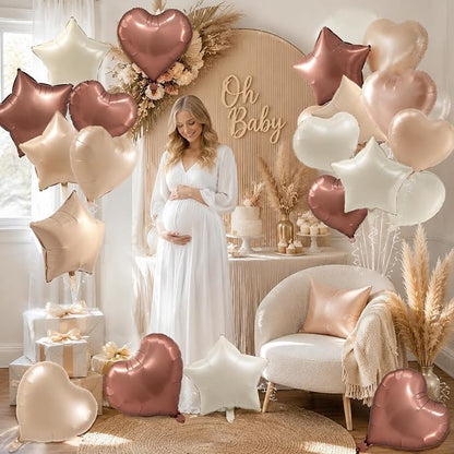 TONIFUL 18 Inch Cream Brown Star and Heart Foil Balloons - Image 5