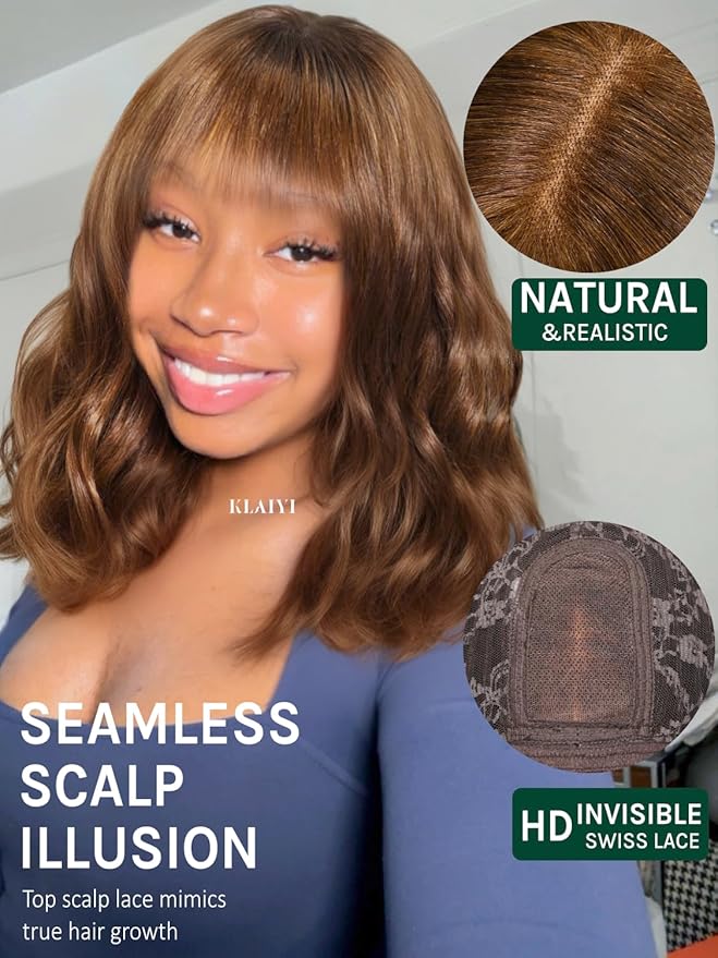 KLAIYI Brown Bob Wig Human Hair with Bangs Loose Body Wave Glueless 4x2 HD Transparent Lace Closure Chestnut Chocolate Brown with Highlight Blonde Ready to Wear and Go Beginner Wigs Pre Plucked 10Inch