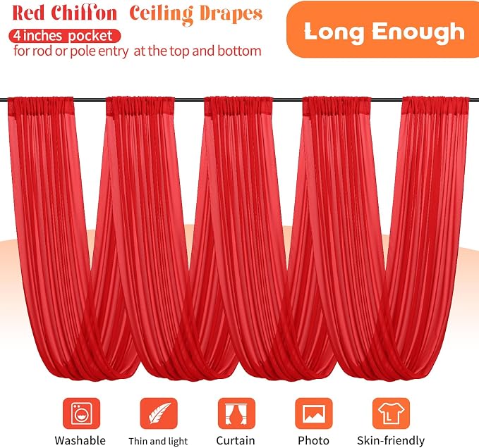 4 Panels Red Ceiling Drapes for Wedding Ceiling Drapes 5ftx20ft Wedding Arch - Image 3