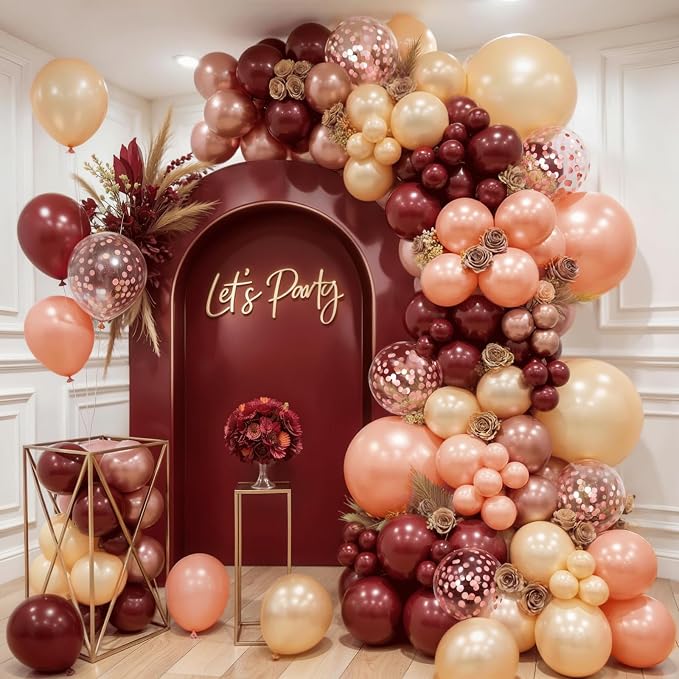 Burgundy Rose Gold Balloon Garland Arch Kit, Pearl Maroon Champagne Rose Gold by Kalyerparty