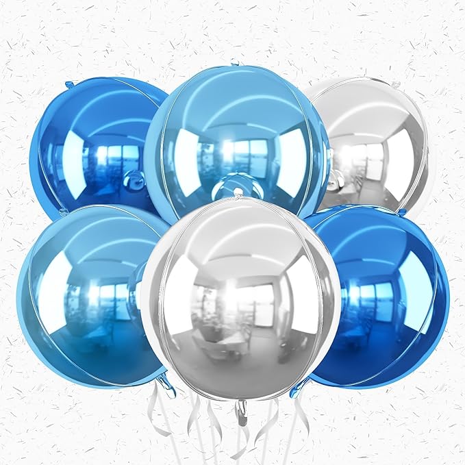 6Pcs Blue Silver Round Foil Balloons, Giant 4D Round Ball Balloons, 22 Inch by Adorely