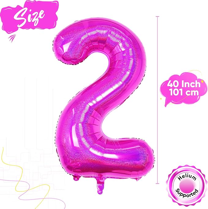 Hot Pink 2 Balloon, 40 Inch Large Laser Hot Pink Foil Helium Number Balloons 0-9 - Image 2