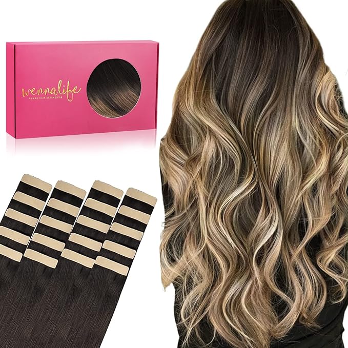 WENNALIFE Tape in Hair Extensions Human Hair, 20pcs 24 inch 50g Dark Brown to Chestnut Brown and Dirty Blonde Remy Tape Hair Extensions Real Human Hair Tape Extensions Coloured Hair Extensions
