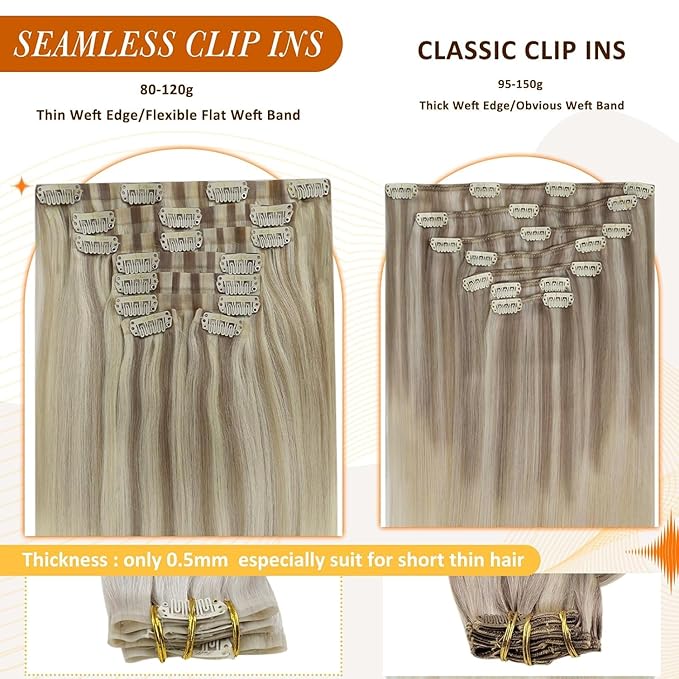 Full Shine Clip in Human Hair Extensions 22 Inch Ash Blonde Balayage Light Blonde Mix Platinum Blonde Real Hair Clip in Extesnions Silky Hair Extension 8 PCS 120 G