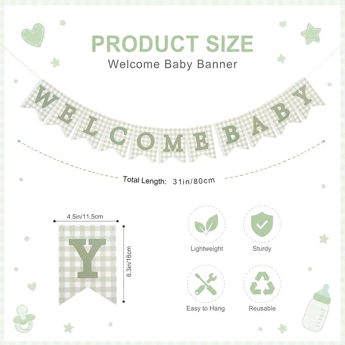 Sage Green Gingham Welcome Baby Shower Banner - Image 2